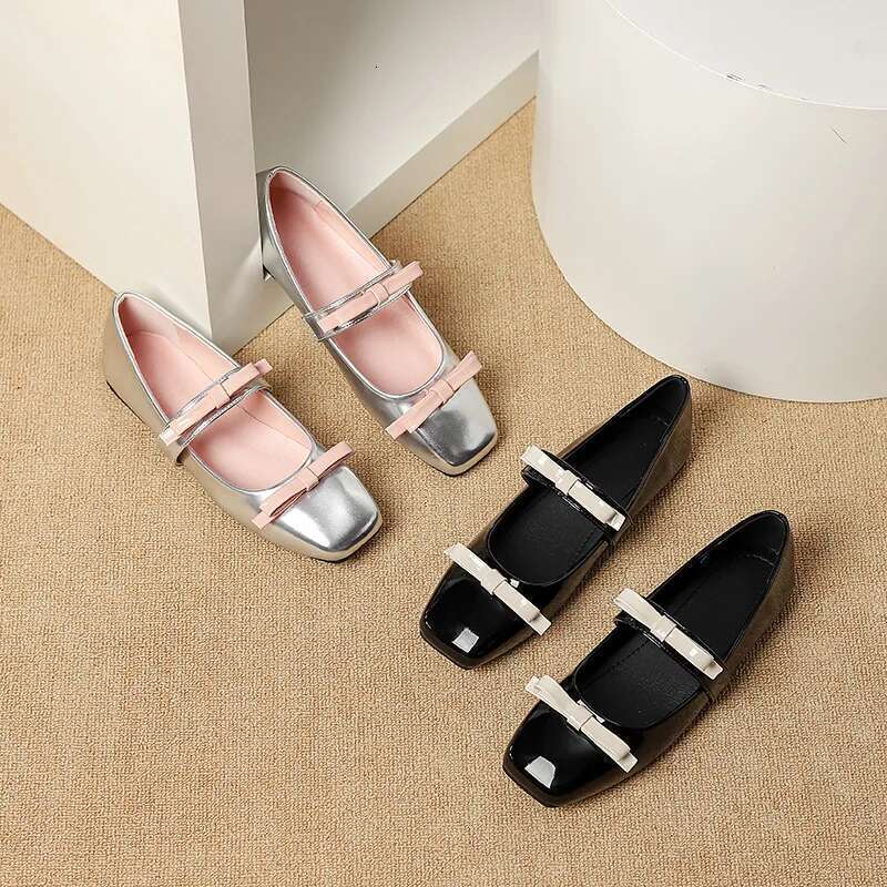 New 2024 Fashion Square Toe Glossy Leather Flats Women Double Bowknot Mary Jane Female Ballets Party Shoes Plus Size 44
