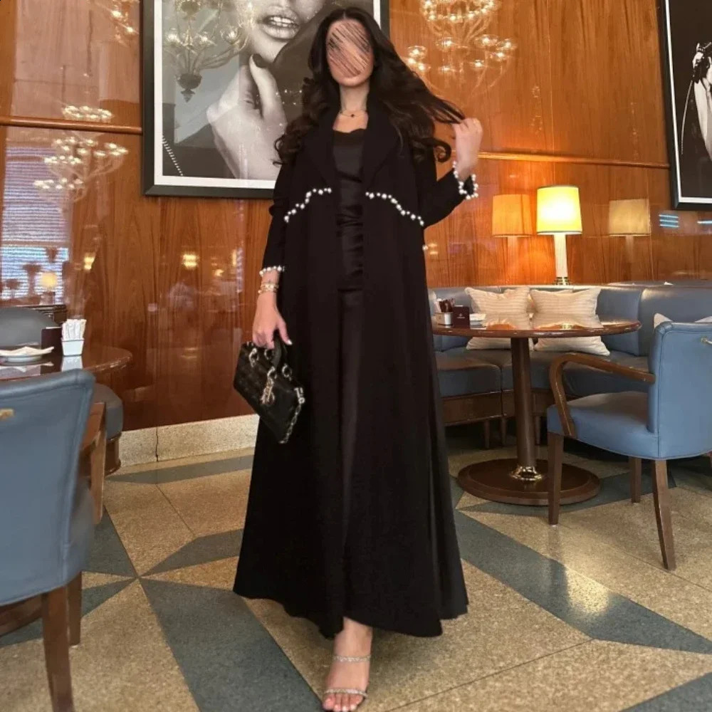 Long Kaftan Eid al Fitr Muslim Abaya Womens Beaded Open Collar Dress Morocco Vesti Doslagos Dubai Robe Jalabia 250411