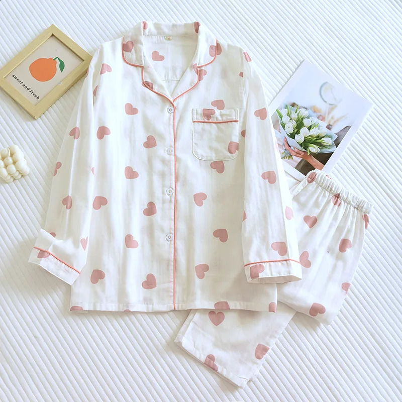 Spring and Autumn Pajama Set Womens 100% Cotton Long Sleeve Pants Two Piece Love Lovely Sweet Home Furnishing Set 250409