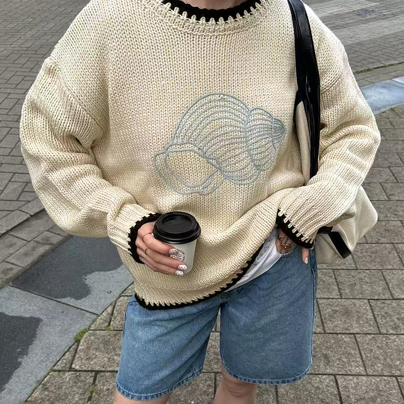 Women's color clashing texture embroidery pattern pullover sweater round neck long sleeve clashing fall and winter fashion top hot women's c