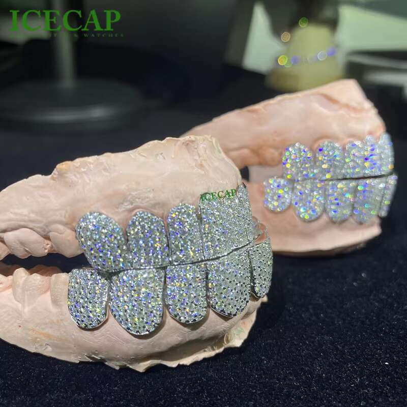 Popular Grillz Custom Flawless Mossanite Grills Teeth Big Stone Vvs Moissanite Grillz 10 Top 10 Bottom Ice Out Diamond Grillz