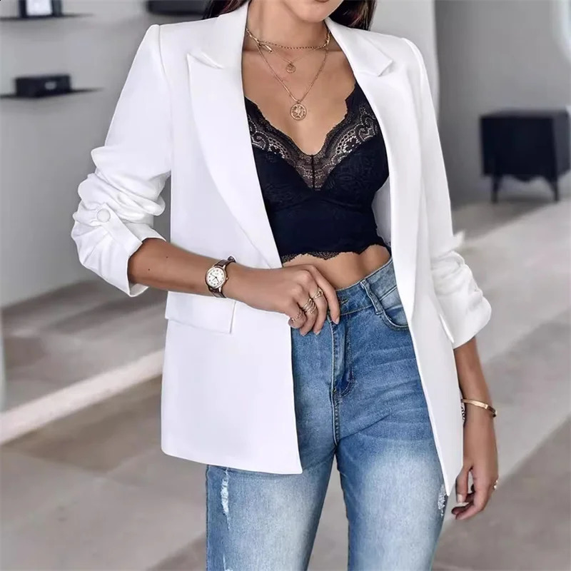 Long sleeved cardigan womens spring and autumn style simple white jacket ultrathin set solid color 250407