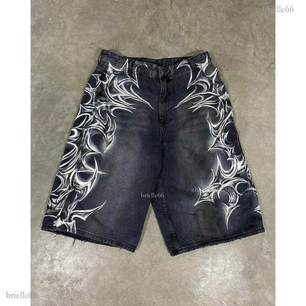 American Retro Gothic Hallown Geometry Graffiti Print Denim Shorts Men Women Y2k Low Waist Baggy Kn Length Jeans Jorts Short X250403