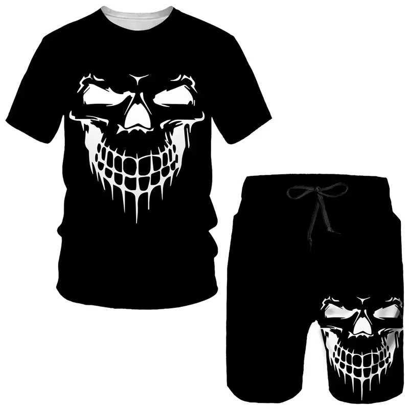 Skull 3D 2-piece mens printed 2025 summer short sleeved sportswear Gothic graphic top set mens lightweight and breathableXJ250412