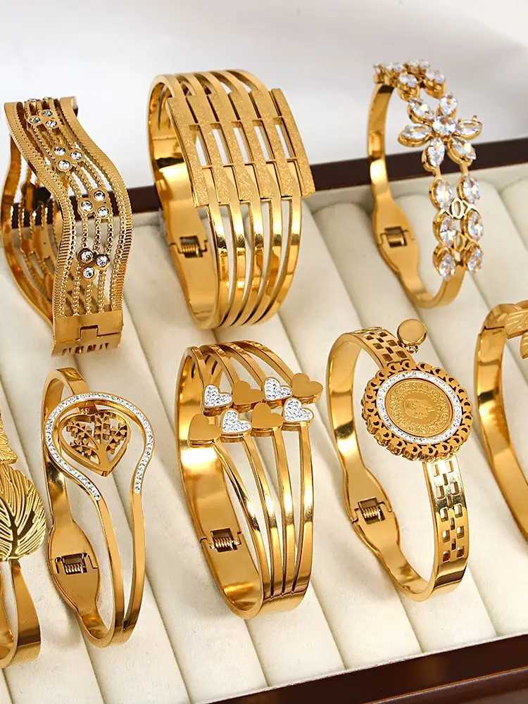ALLYES Trendy Chic 18K Gold Color Stainless Steel Bangles Bracelets for Women Heart Coin Zircon Leaf Geometric Fashion JewelryC250411
