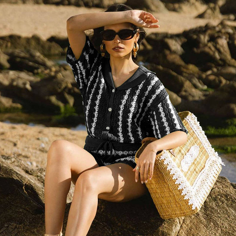 Country-Inspired Womens Festive Event Attire Stylish Autumnal Jumpsuits with Bold Stripes---NBL105 black and white