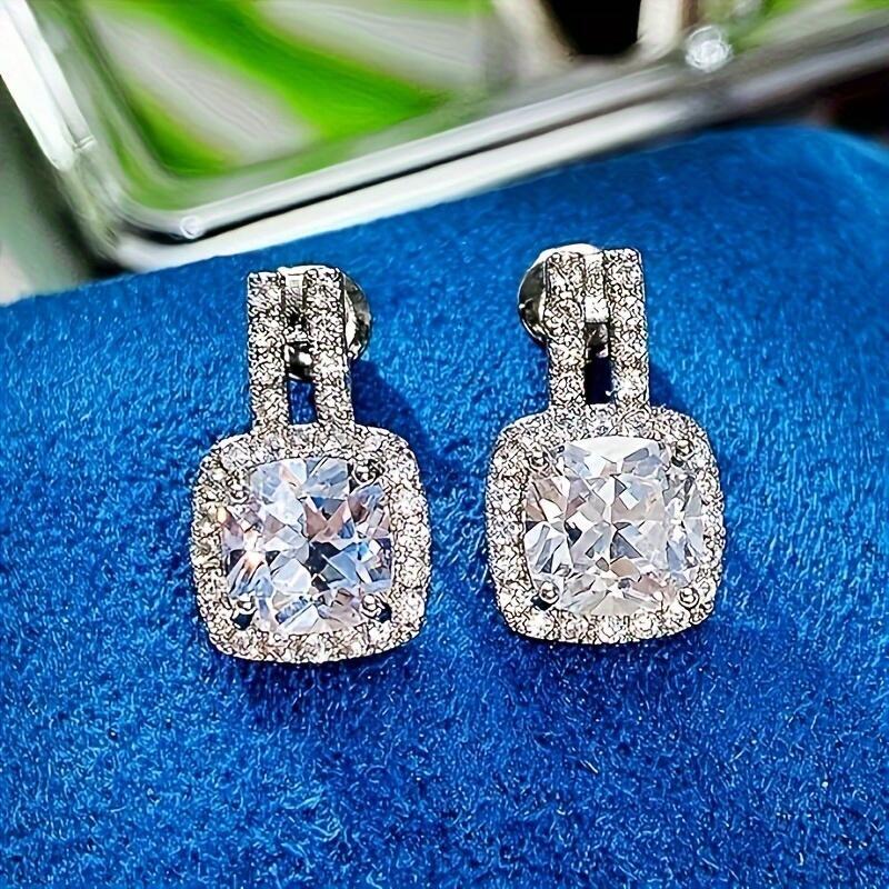 2CT Cushion Moissanite Stud Drop D Color Lab Created Dia Sterg Sier Platinum Plated Square Halo Earrings for Women Birthday Jewelry Gifts