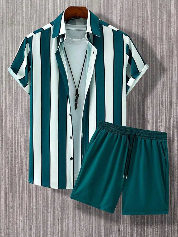 2025 New Hawaii Beach Leisure Set Single Chest Short Sleeve Summer Vacation Travel Stripe SetXJ250412