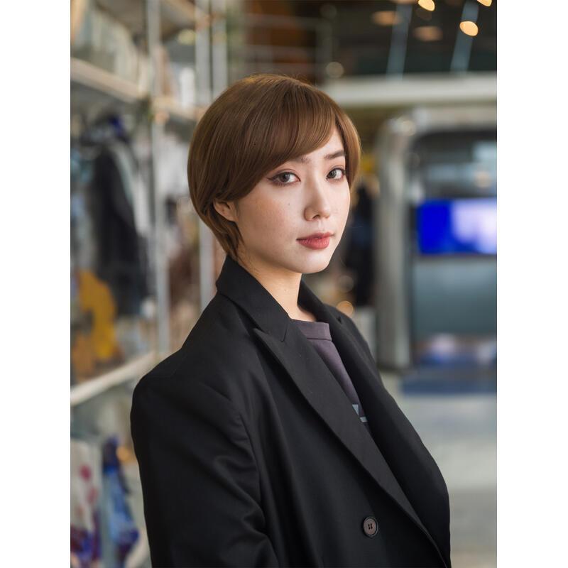 8 inch Straight Short Bob Hair Flat Bangs Cute Central Dot Skin Top Heat Resistant Synthetic Wigs (Coffee brown)