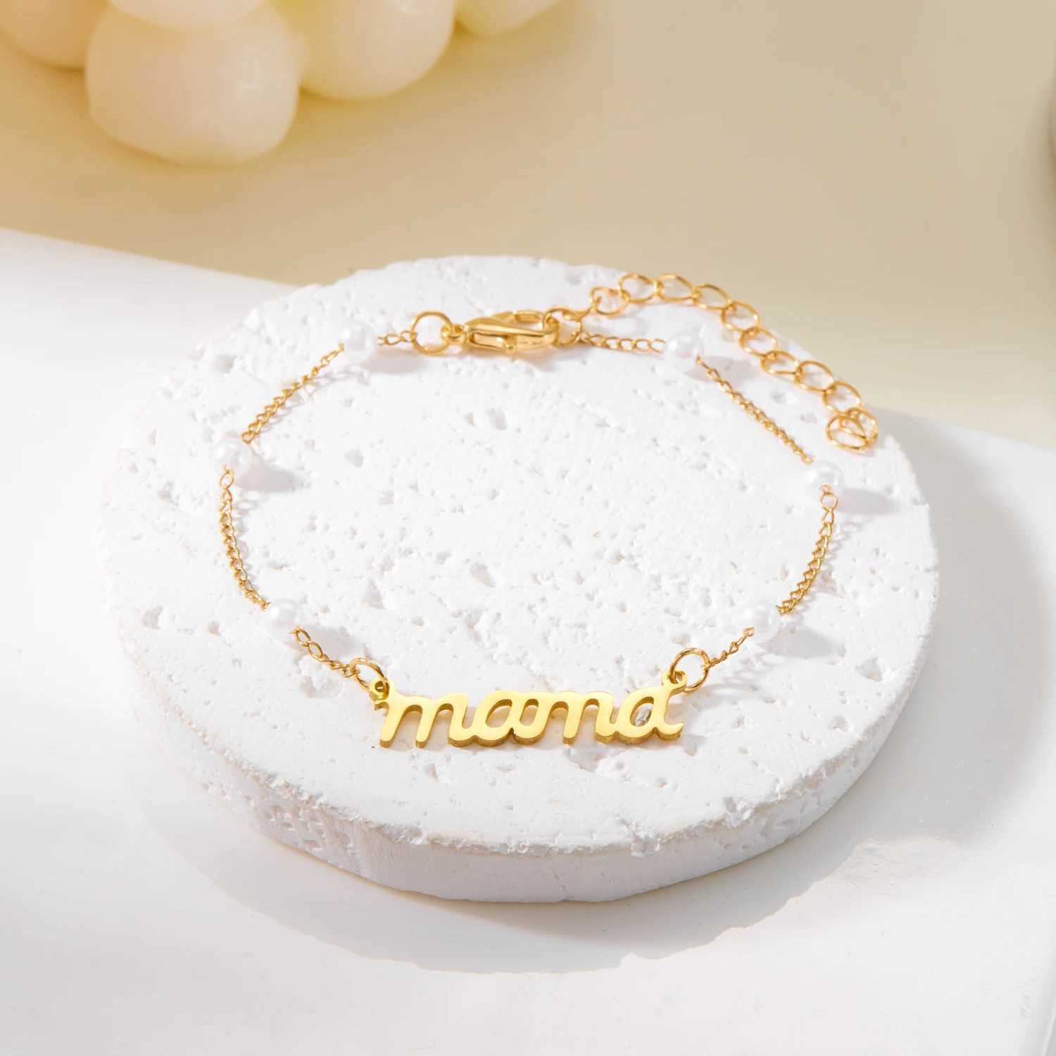 Imitation Pearl Letter Mama Pendant Bracelets Fashion Charms Stainless Steel Chains Bracelet for Women Jewelry Mothers Day GiftC250411