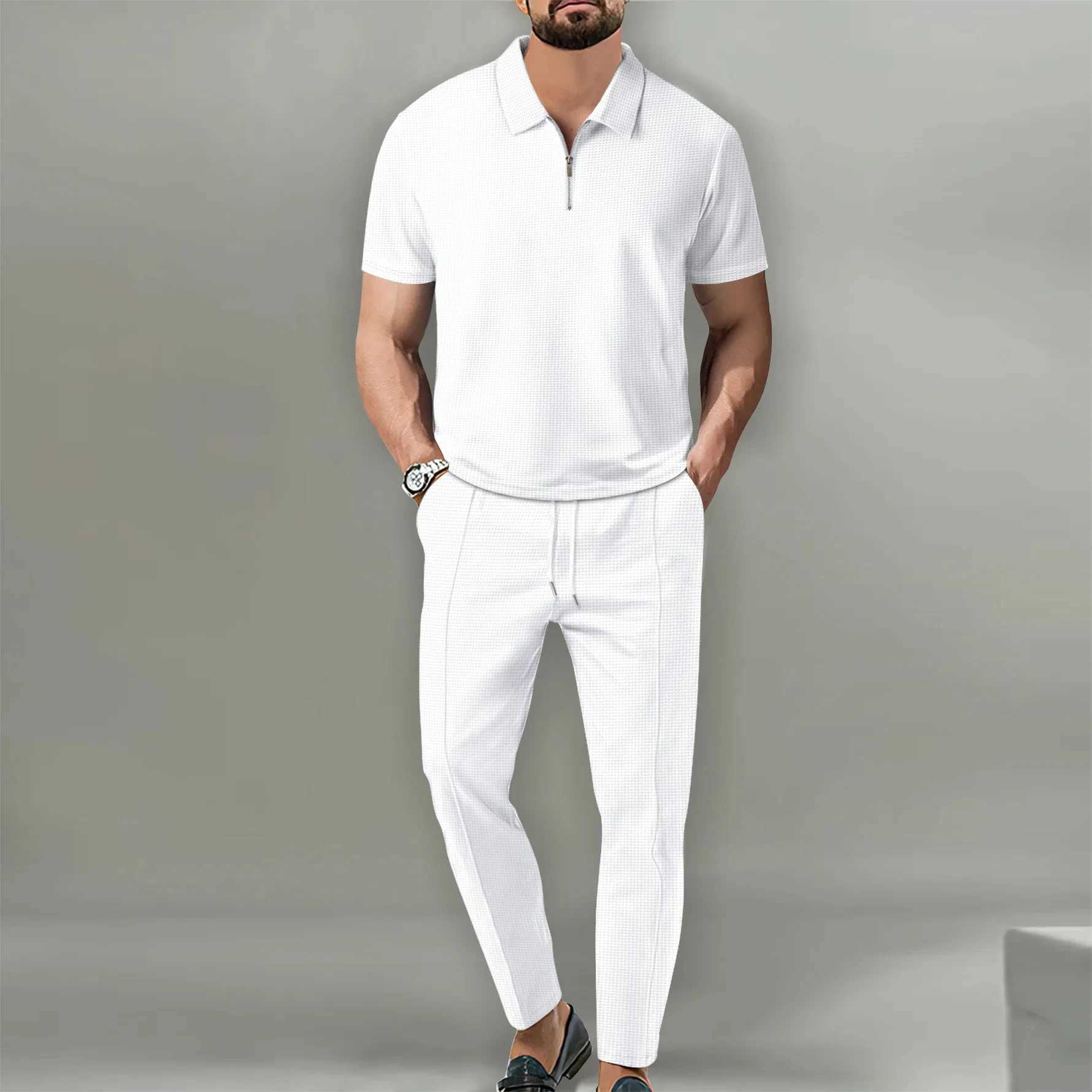 Spring 2024 New European and American Foreign Trade Mens Solid Color Set Waffle Neck Short Sleeve Zipper Pants SetXJ250412