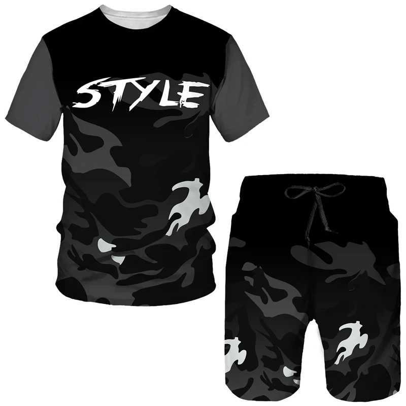 Summer mens shorts set mens street T-shirt two-piece 3D camouflage printed casual sportswear O-neck sportswearXJ250412