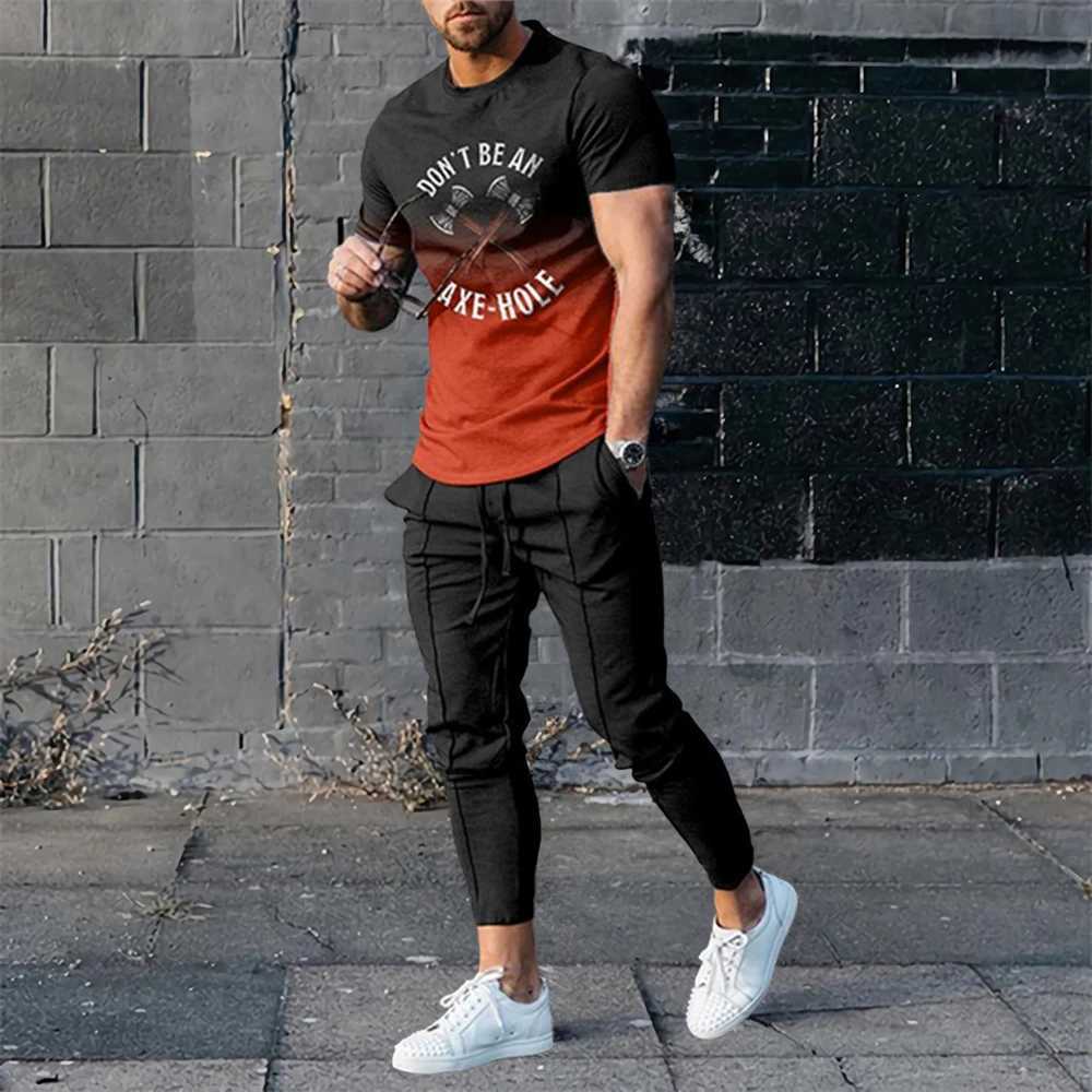 Summer casual sportswear short sleeved T-shirt mens sports pants 2-piece set mens top T-shirt 3D printed oversized mens clothingXJ250412