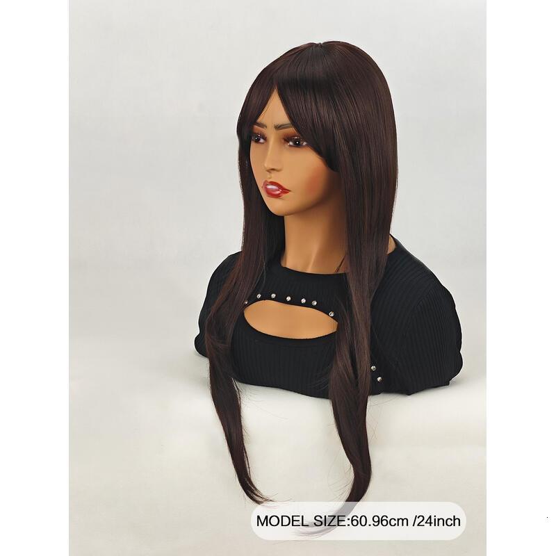 ENTRANCED STYLES en brown Women Long Straight with Bangs Black Hair Wigs Heat Resistant Synthetic Womens Wig for Daily Party Use 24 Inch