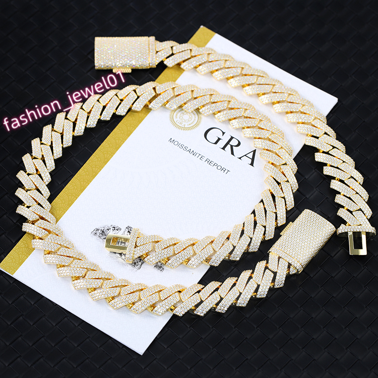 RTS Cuban Chain S925 Silver Yellow Gold Plated 3rows 20mm Cuban Link Heavy Necklace VVS Moissanite Hip Hop Chain for Rapper