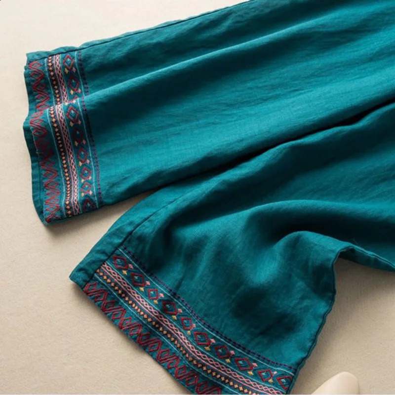 Embroidery Solid Casual Elastic High Waist Cotton Linen Womens Pants Korean Fashion Wide Leg Full-Length Pants For Women 250411