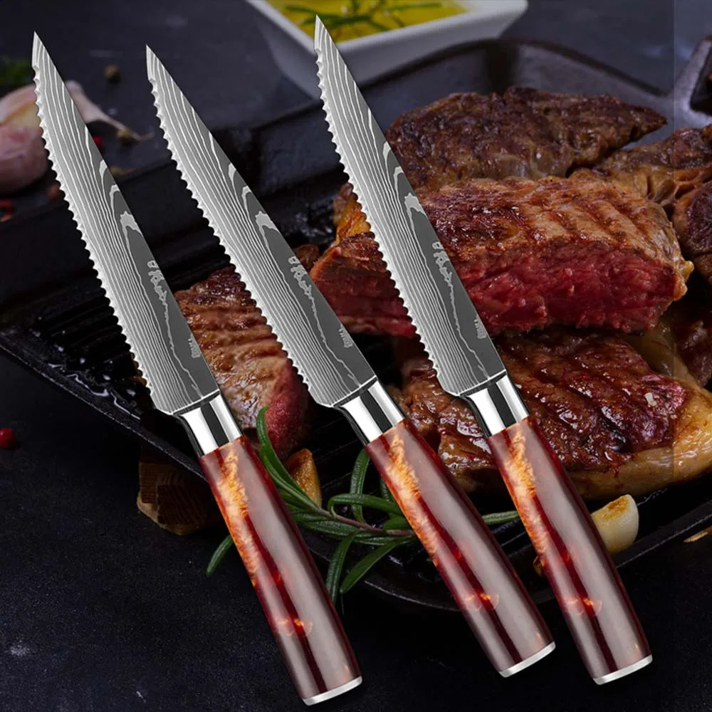 3/6/8 Pcs Steak Knives Set Damascus Stainless Steel Cleaver Slicing Knife Wood Handle Outdoor BBQ Picnic Meat Cutter 250410