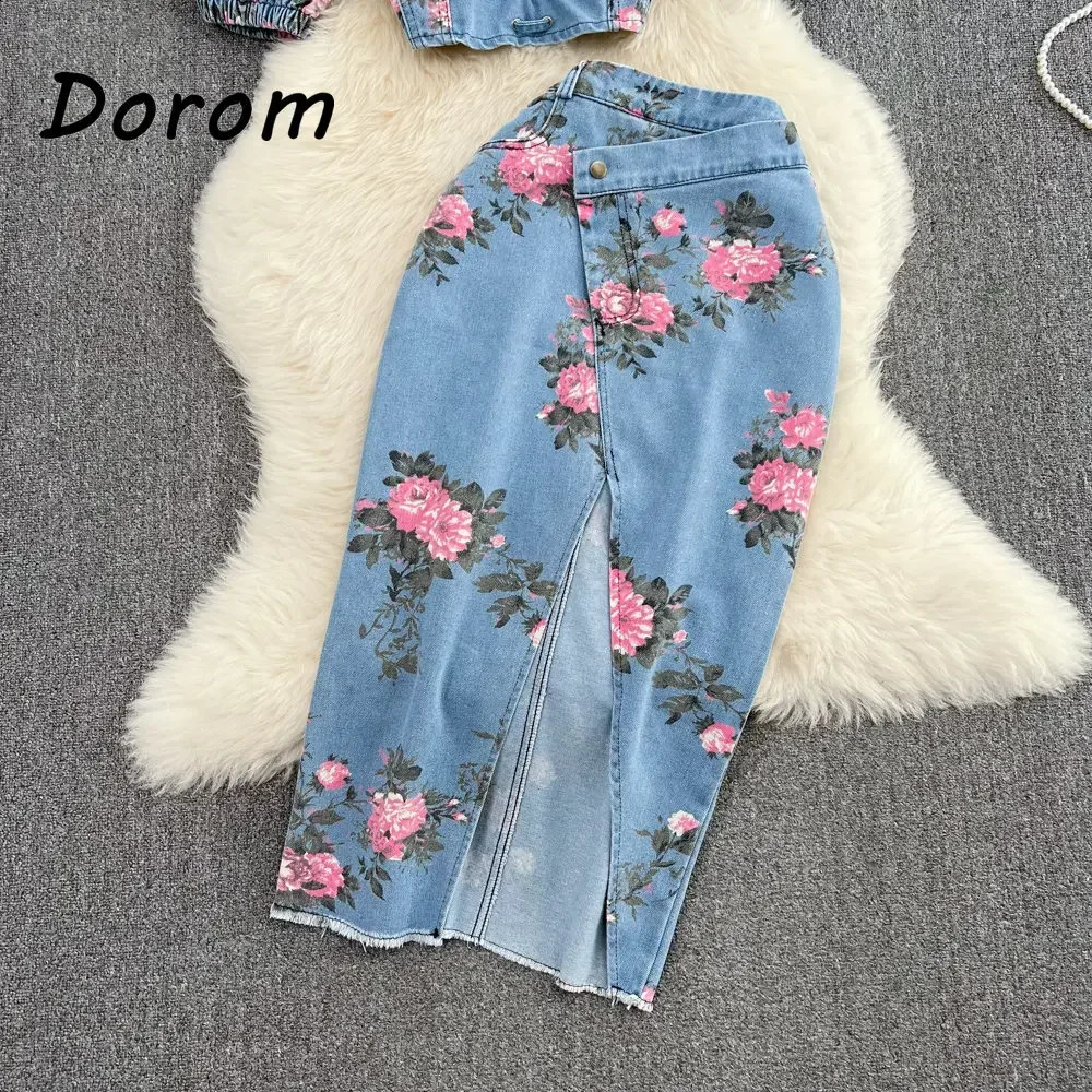 Vintage Flower Print Denim Two Pieces Sets Women Summer V-Neck Lace-up Jeans Crop Top High Waist Irregular Skirt Female Suits 250411