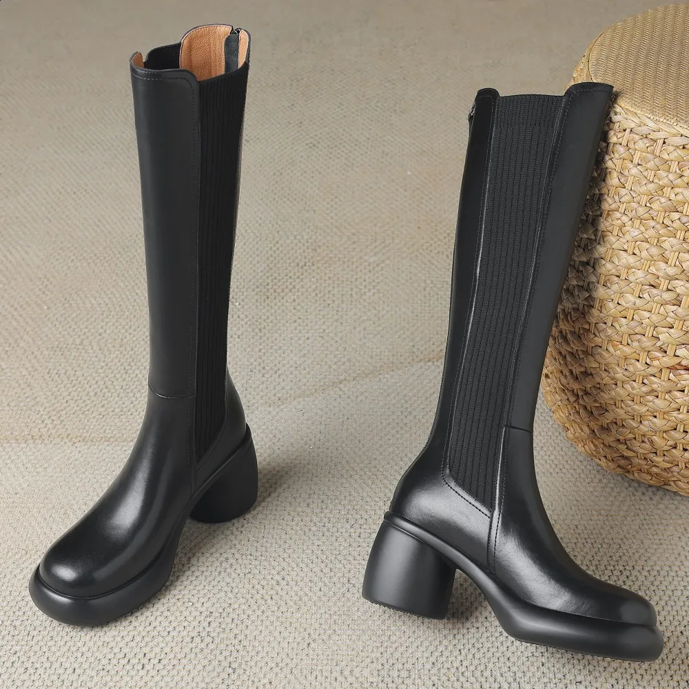 Womens genuine leather stretch knit patchwork back zip autumn knee high boots round toe casual female long boots shoes women 40 250411