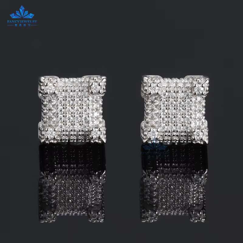 Hip Hop Jewelry Cluster Earrings Silver Earrings Stud Iced Out Round Brilliant Cut VVS Moissanite Screw Back Earring