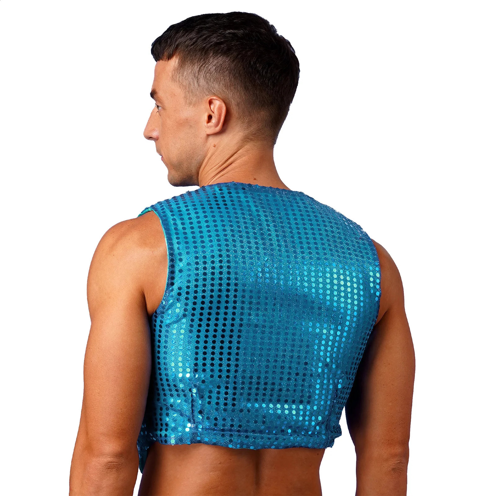 Mens Glittery Sequins Disco Rave Vest Tops Jazz Latin Modern Dance Stage Performance Costume Shiny Sequined Sleeveless Waistcoat 250407