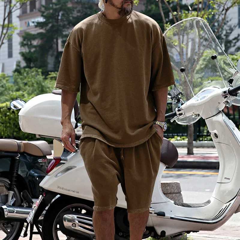 Mens summer set 2-piece ultra-fine casual sports short sleeved T-shirt set solid color beach party homeXJ250412