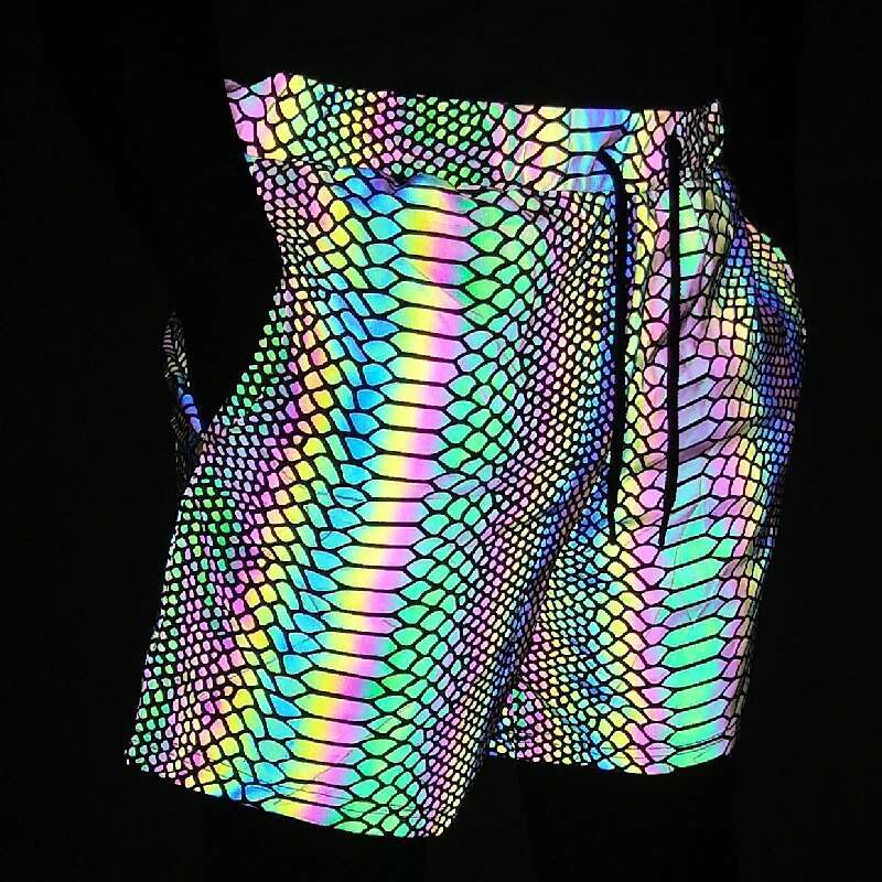 Summer Men 2025 Jogger Reflective Safety Trouser Snakeskin Print Drawstring Elastic Waist Cycg Gym Shorts With Pockets