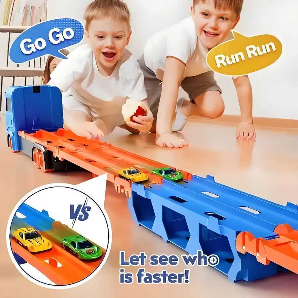 Large Car Transporter Truck Folding Track Racing Vehicle Kids Competitive Games Storage Alloy Car Boy Toy Children Birthday Gift L251112