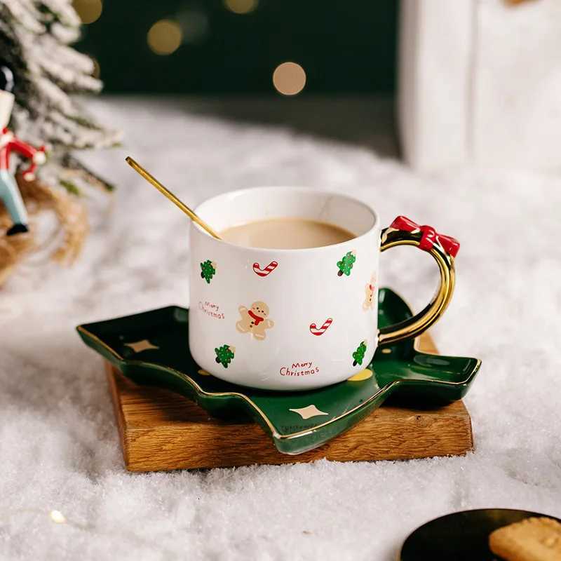 Christmas Style Ceramic Coffee Cup and Saucer Creative Cute Christmas Trees Saucer Christmas Elements Coffee Cup gift box H251112