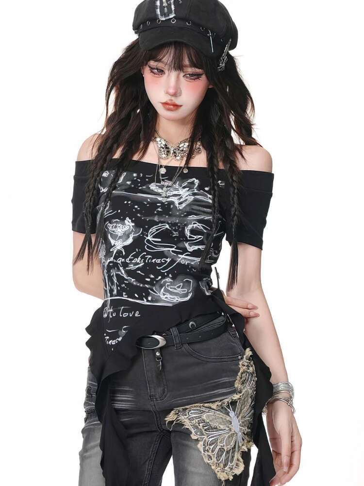 Y2k Print Vintage Off shoulder Short sleeve T Shirt Women Hip hop Basic Summer Crop Tops Streetwear Lady Tees Korean