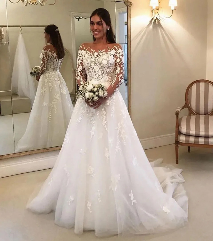 Wedding Dresses Bridal Gowns Formal A Line O-Neck Long Sleeve Applique Beaded Tulle White Ivory Custom Zipper Lace Up Plus Size