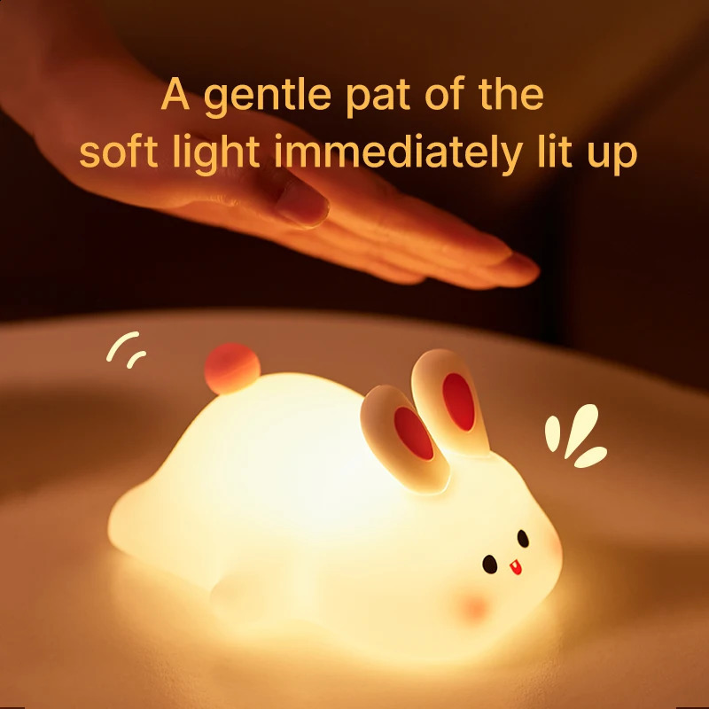 Big face rabbit night light cute silicone rabbit cartoon soft light touch night light childrens sleep light room decoration gift 250411