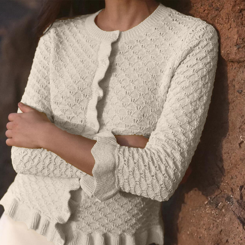 Autumn and winter women's clothing, women's solid color casual street style, slim round neck fashionable cardigan, lace design long sleeve, 