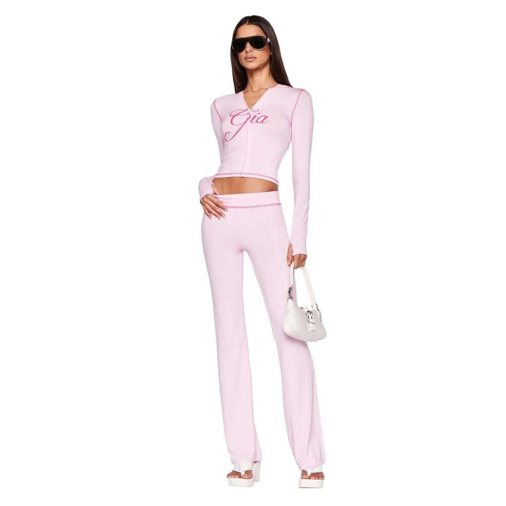Designer Clothes Iamgia Pink Cotton Zipper Hooded Long Sleeved High Stretch Top Low Waist Micro Flared Pants For Women 2024
