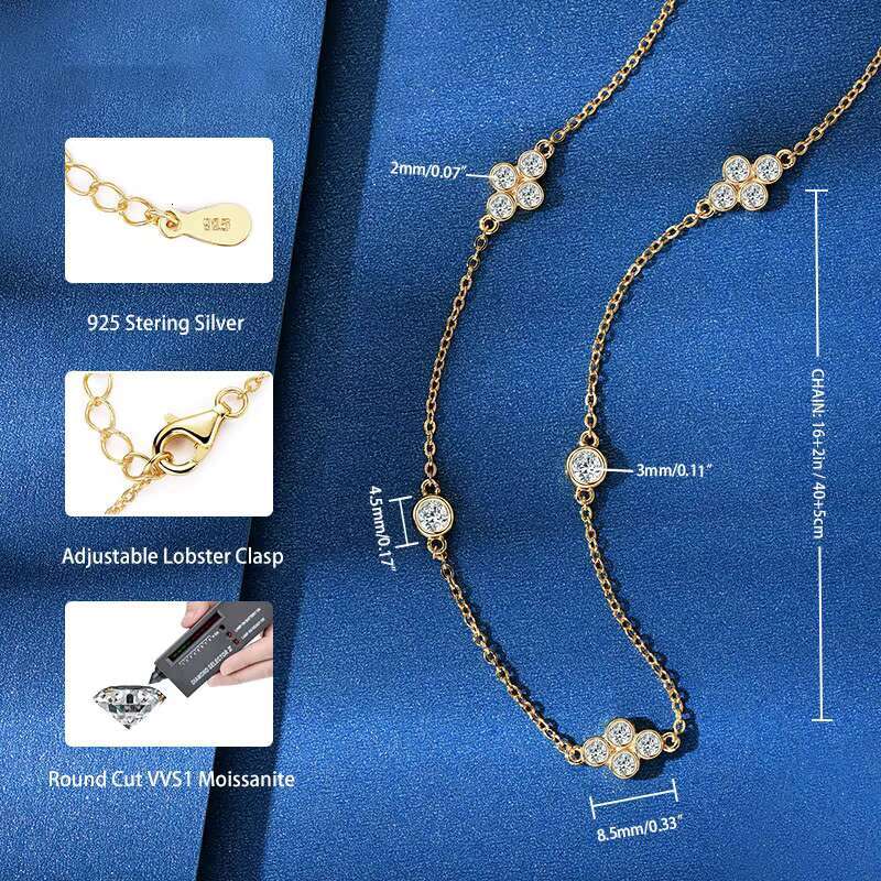 2024 New Trendy 925 Sterling Silver 3mm 2mm Round Cut Moissanite Stone Four Leaf Clover Choker Necklace for Women