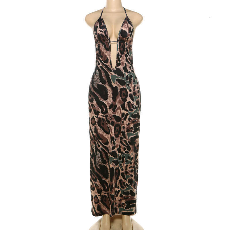 Women's Wear Summer Women's Fashion Sexy Hanging Neck Strap, Open Navel And Back Leopard Pattern Long Dress