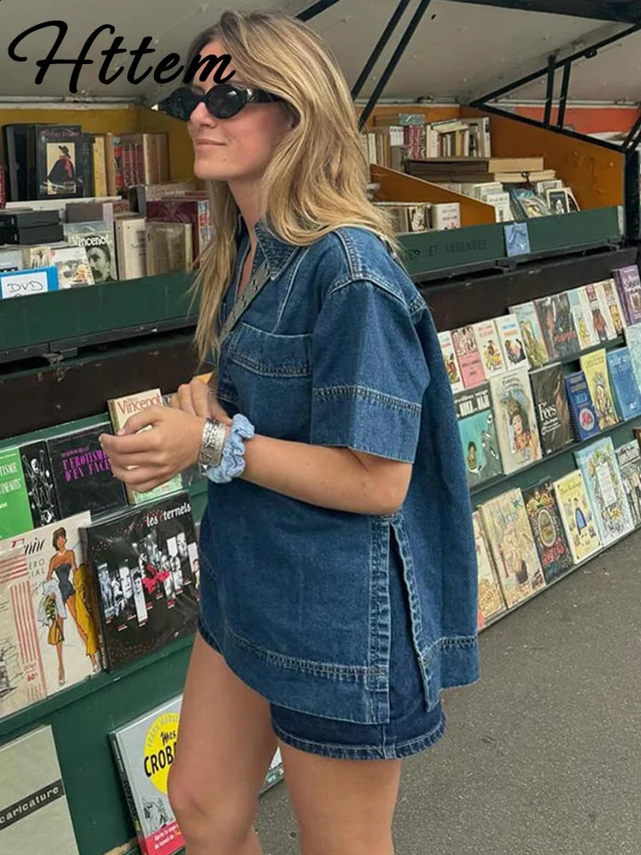 Street Denim Shirt Skirt Set Women Loose V-neck Short Sleeve Pocket Shirts Asymmetric Mini Skirts 2025 Spring Lady Outfits 250411