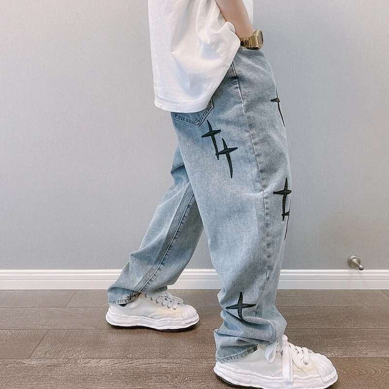 Prints Men New Streetwear Baggy Wide Leg Jeans Korean Fashion Drapes Straight Casual Loose Denim Cargo Pants