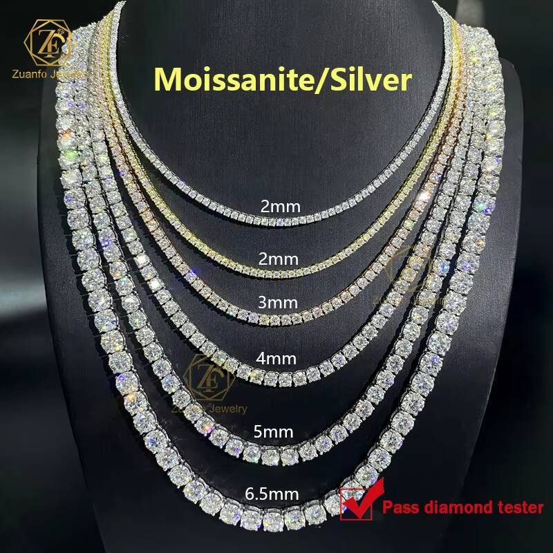 Hip Hop 925 Sterling Silver Link Chain Cheap Price VVS Moissanite Diamond Tennis Necklace with 2mm 3mm 4mm 5mm 65mm Sizes