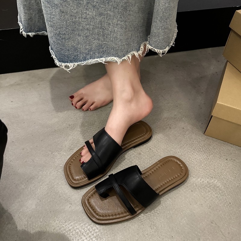 Set toe slippers women summer fashion retro Roman flat girls casual non-slip home platform sandals wear black white brown free shipping