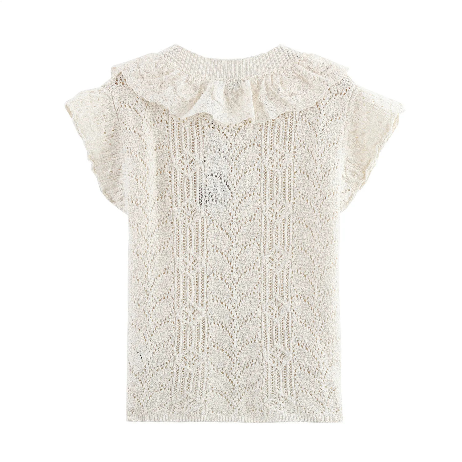 ZBZA Womens Hollow Hem Knitted Top Round Neck Short Sleeve Embroidery n Pullover Spring and Summer Casual Chic Sweater 250411