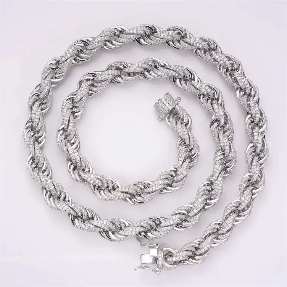10mm 10k 14k Gold Plated Diamond Round Cut Silver Rope Link Chain