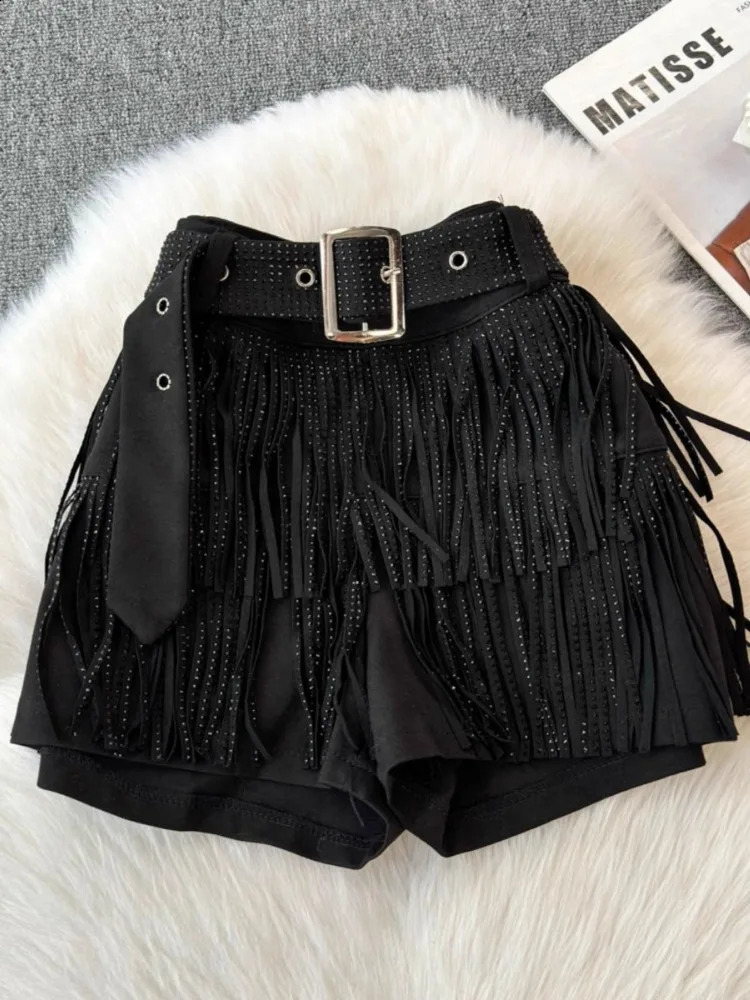 Fashion Y2k Tassel Shorts Black Diamond Korean Sexy High Waist Trendy Party Night Shop Costume Dance Pants Women 250411