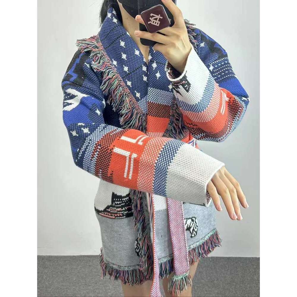 WQJGR High Quality Jacquard Cardigan Sweater Women Wool Cashmere Blue Kniited Tassel Loose Full Sleeve Fashion Autumn Winter