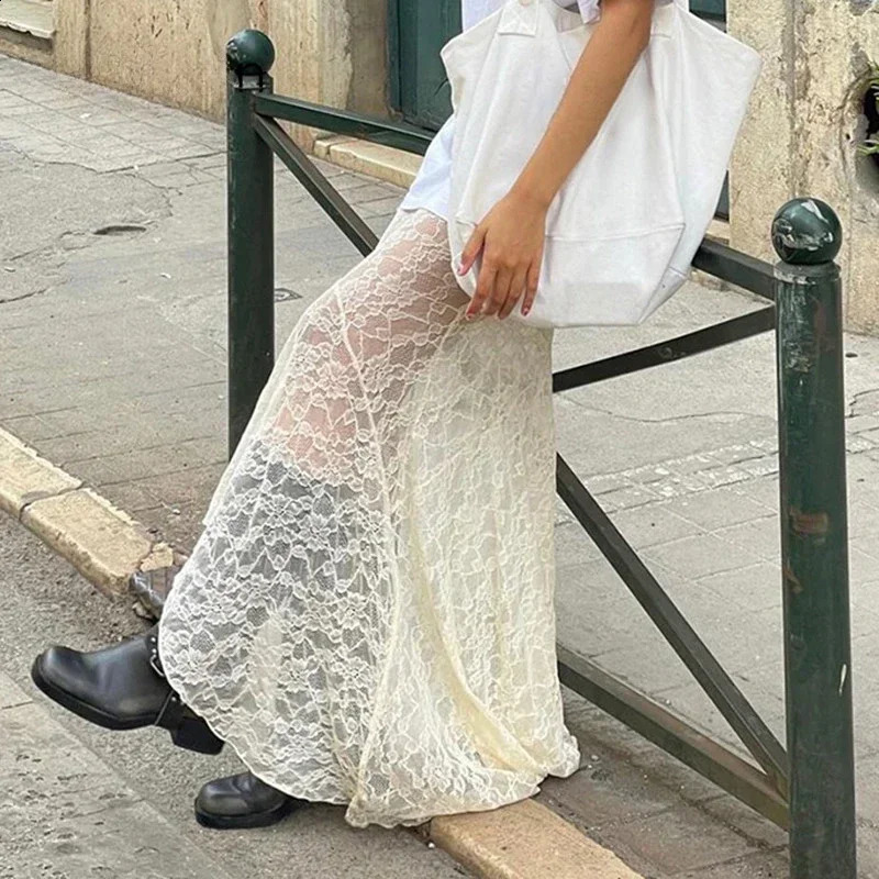 Two Layer Lace Trumpet Mermaid Long Skirts For Women Vintage Elegant Fashion High Waist Skirt Holiday Outfits 250411