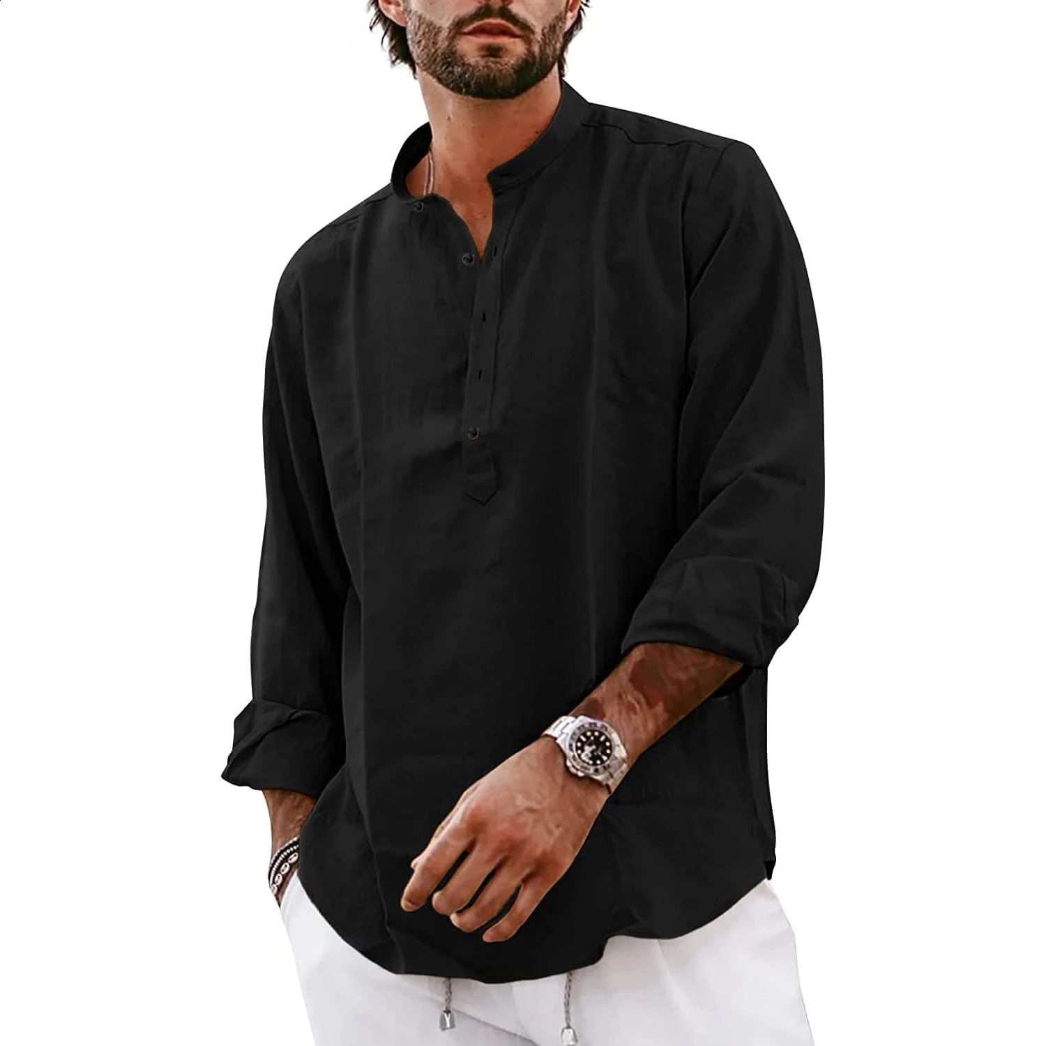 Streetwear Mens Cotton Linen Shirts Casual Lightweight Long Sleeve Henley Shirts for Men Beach Hawaiian Breathable T Shirts 250411