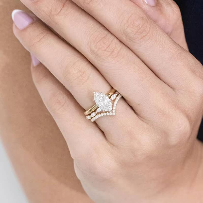 Customized 18K Yellow Gold 2CT Marquise Diamond with Hidden halo Wedding Ring Band Moissanite Jewelry Rings Set