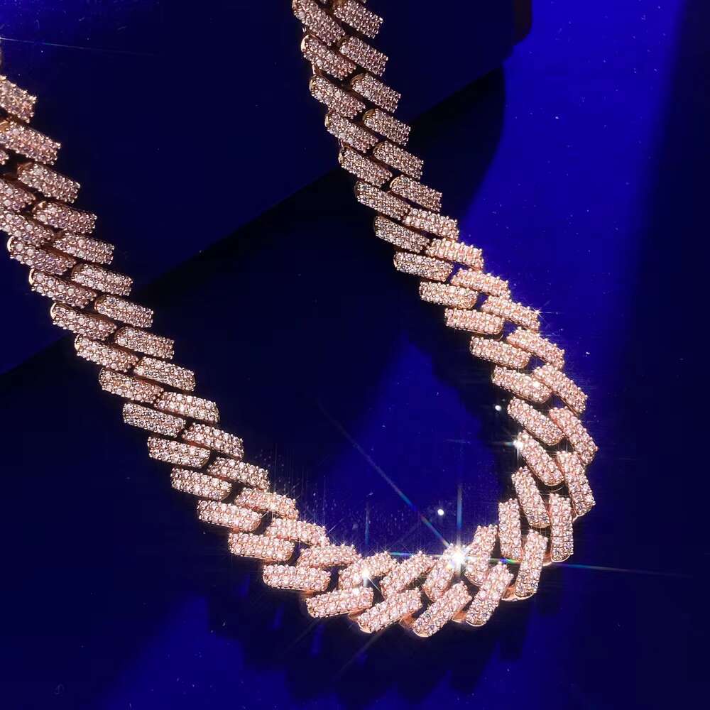 Hip Hop Men Jewelry Cuban Necklace Rose Gold Plated Moissanite Stone Setting Iced Out Cuban Link Chain for Women Men