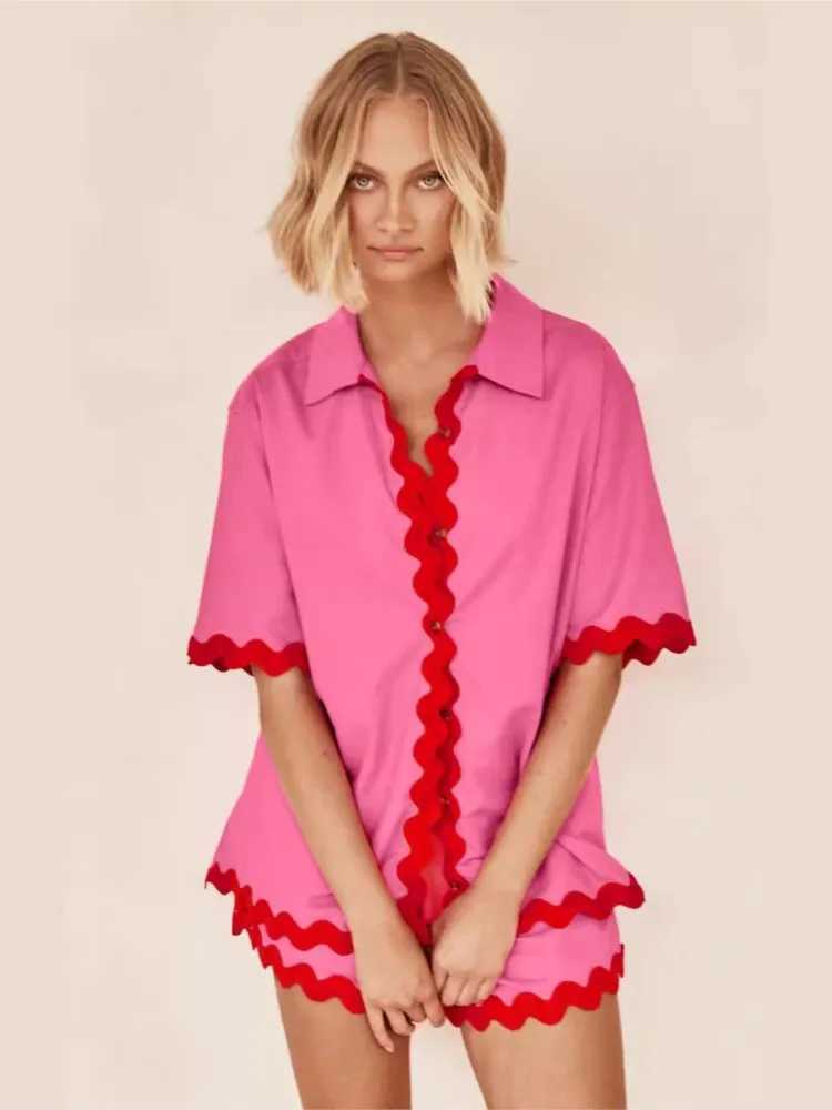 Simple and fashionable wave splicing solid color short sleeved two-piece set for womens casual summer short sleeved shirt setXJ250411
