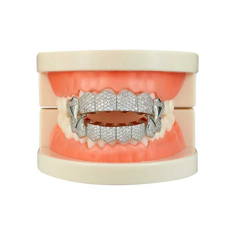 HipHop Hot Fans Shape Iced Out Teen Grizz Hip Hop Top and Bottom Grills Teeth Mouth Punk Hat Role Playing Party Jewelry Gifts W250412